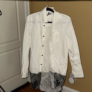 White Button-Up Shirt with Black Patterned Hem